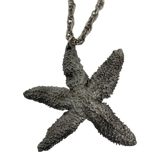 Vintage International Pewter Starfish Necklace 24" Chain Silver Tone Signed - Picture 2 of 7